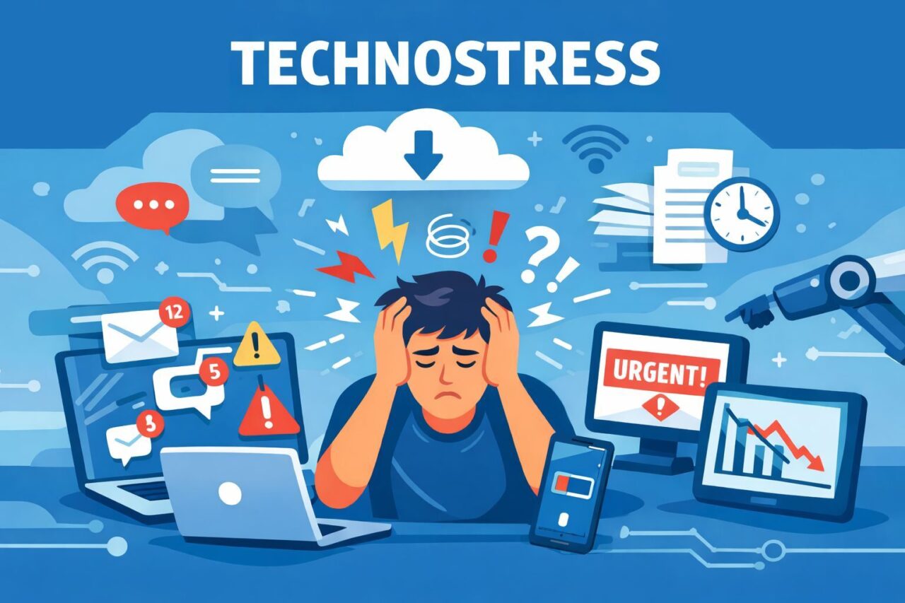 person having technostress with several devices around him